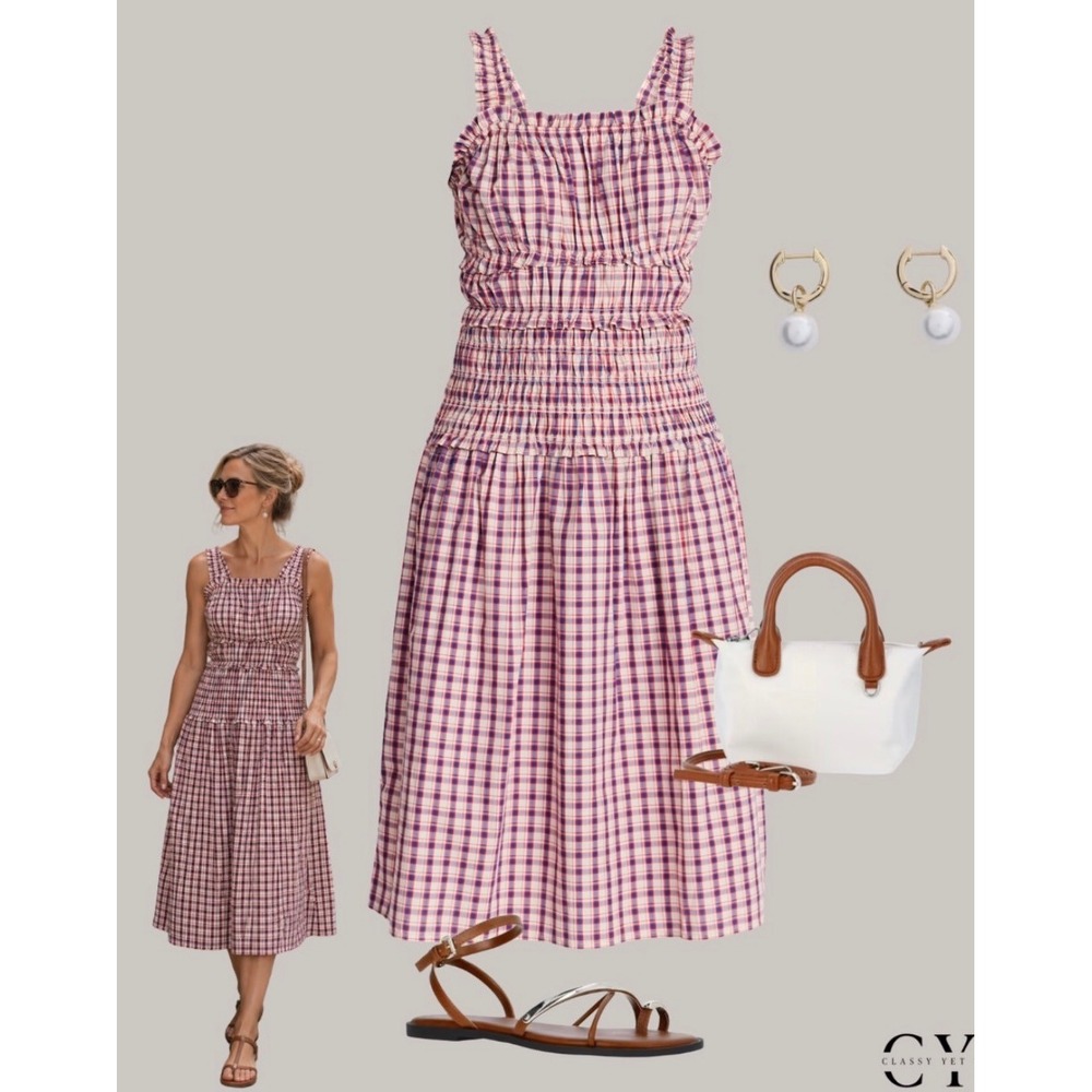Cottagecore Sleeveless Smocked Picnic Midi Dress Plaid NEW PrairieCotton M 8-10